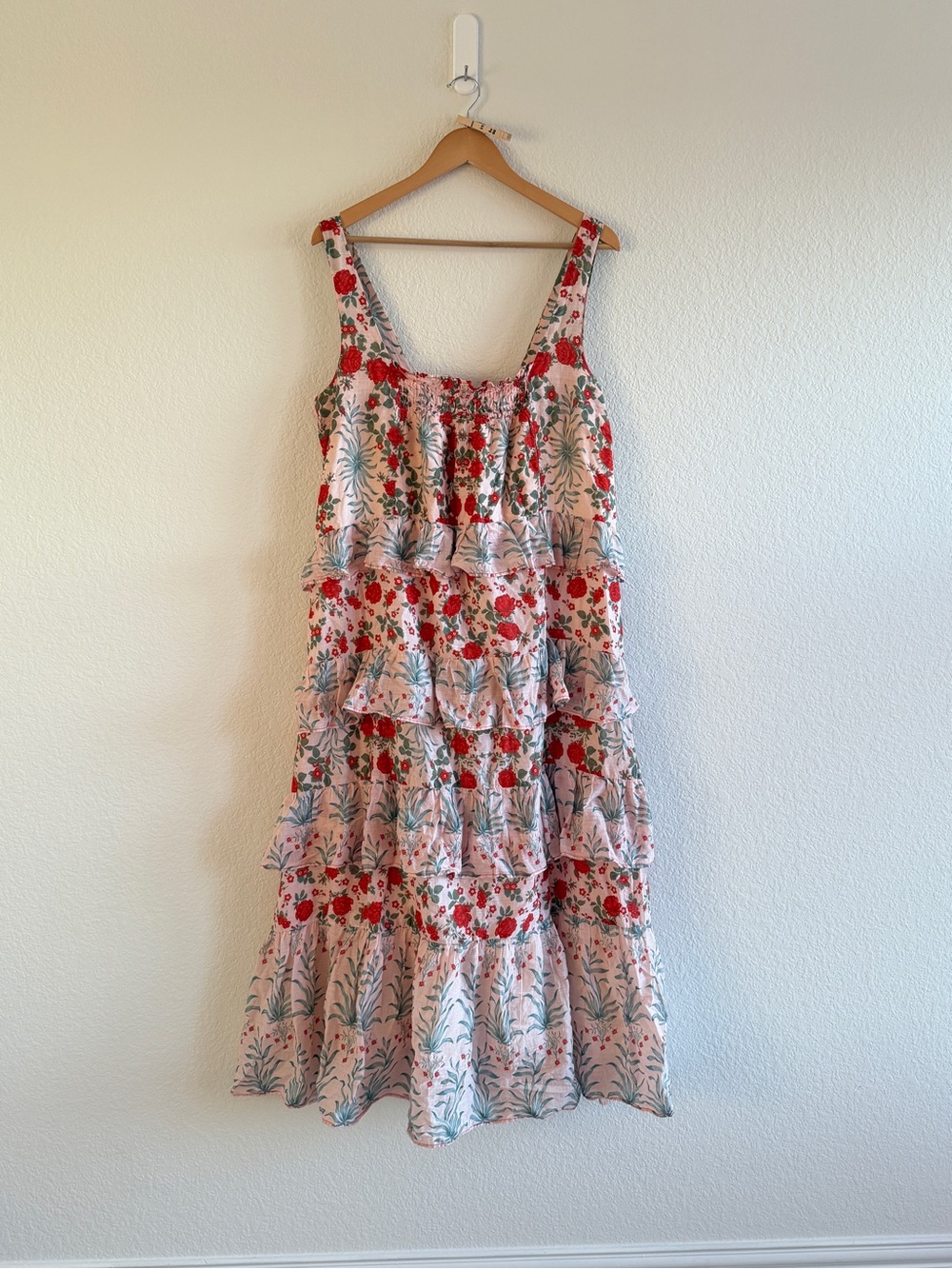 Anthropologie Pink Floral Tiered Sundress with Red Accents - Picture 4 of 13